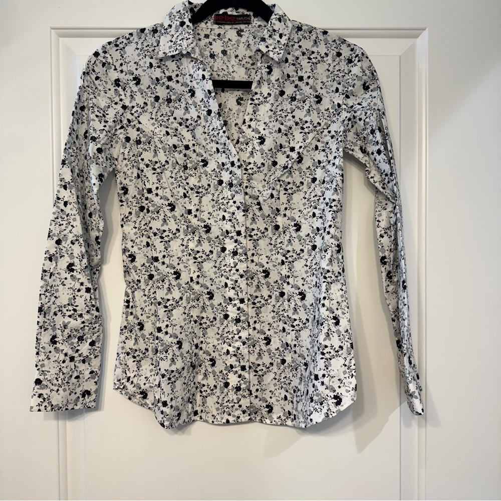 Floral Black, White and Grey Women's Tailored Button Up Blouse - Picture 1 of 5
